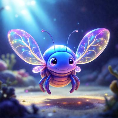 The primary subject of the image is a small, colorful, and cute blue and purple butterfly. The butterfly is standing on a sandy surface, possibly a beach, with a background of water and plants. The visual style of the image is digital art, as it appears to be a computer-generated or digitally painted illustration. The colors and mood of the image are vibrant and cheerful, with the blue and purple butterfly being the main focus and source of visual interest.